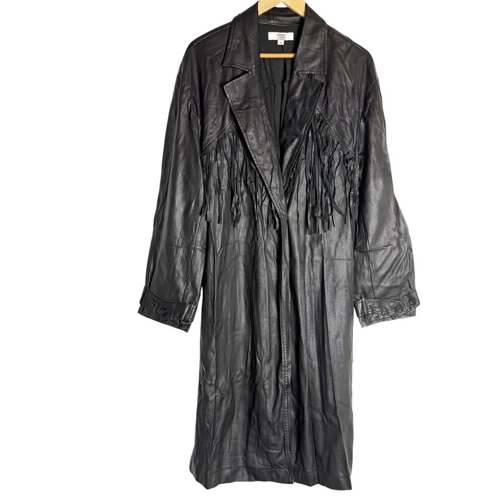 Jason Wu Black Vegan Faux Leather Fringed Tie Waist Long Trench Coat Size XL - Picture 6 of 16